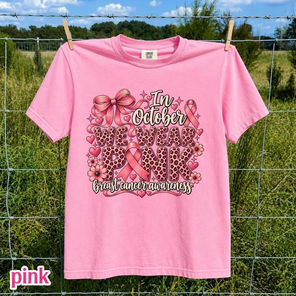 In October We Wear Shirt,  Awareness Tee, Ribbon Leopard Shirt